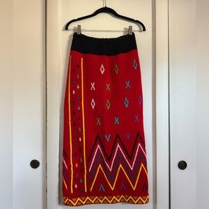 Vibrant Red knit Kilim Maxi Skirt geometric pattern